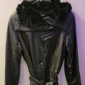 Black Danier leather asymetric trench coat XXS fur collar goth pin up